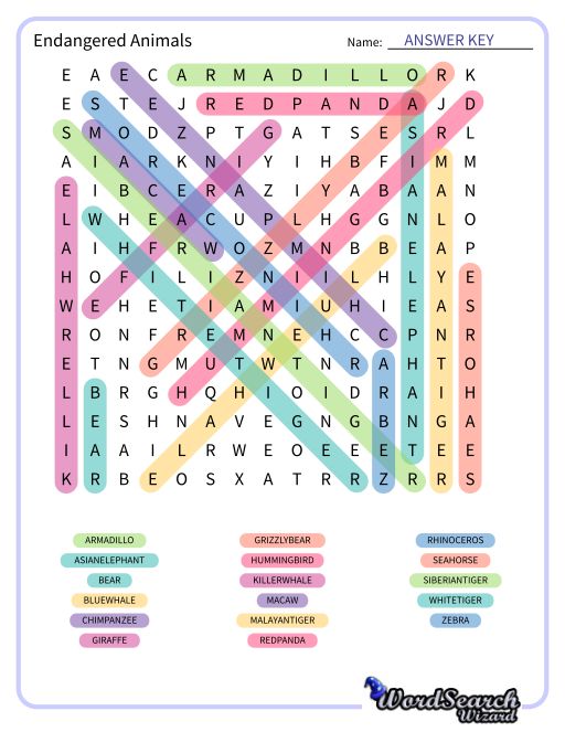 Endangered Animals Word Search Puzzle