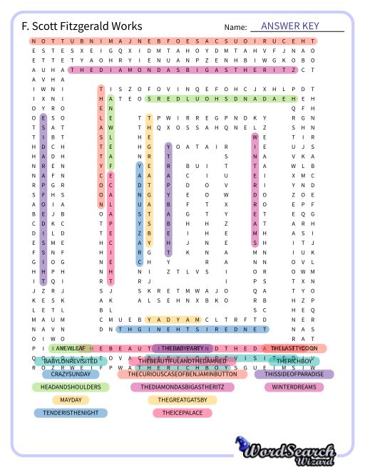 F. Scott Fitzgerald Works Word Search Puzzle