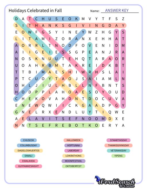 Holidays Celebrated in Fall Word Search Puzzle