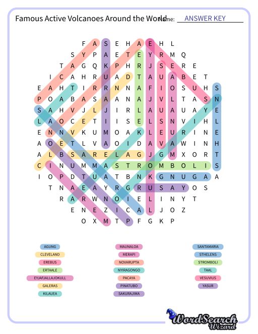 Famous Active Volcanoes Around the World Word Search Puzzle