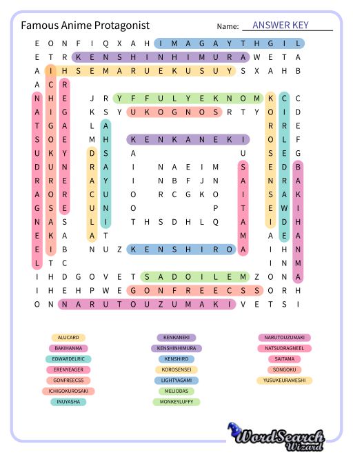 Famous Anime Protagonist Word Search Puzzle