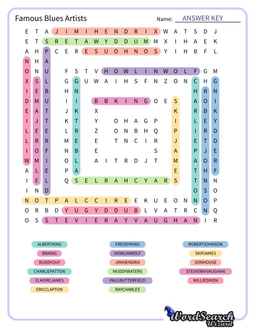 Famous Blues Artists Word Search Puzzle