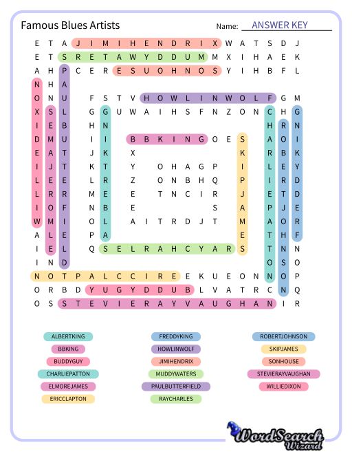 Famous Blues Artists Word Search Puzzle