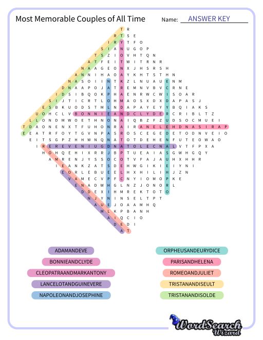 Most Memorable Couples of All Time Word Search Puzzle