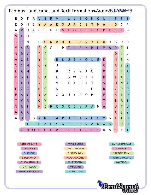 Famous Landscapes and Rock Formations Around the World Word Search Puzzle