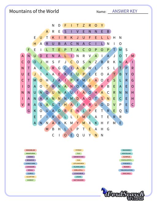 Mountains of the World Word Search Puzzle