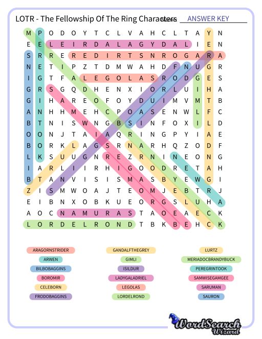 LOTR - The Fellowship Of The Ring Characters Word Search Puzzle