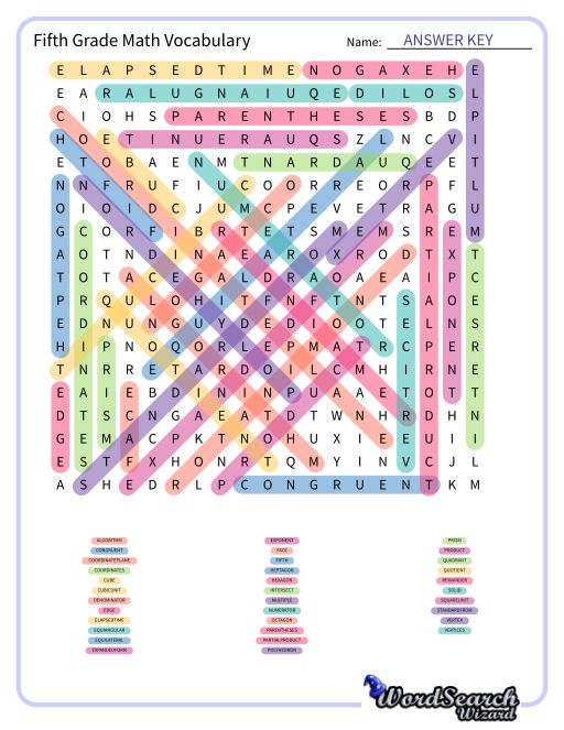 Fifth Grade Math Vocabulary Word Search Puzzle