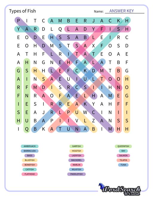 Types of Fish Word Search Puzzle