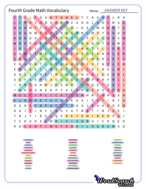 Fourth Grade Math Vocabulary Word Search Puzzle