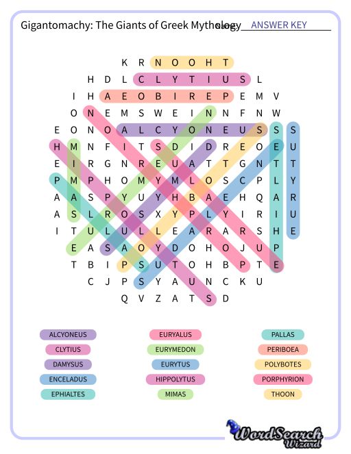 Gigantomachy: The Giants of Greek Mythology Word Search Puzzle
