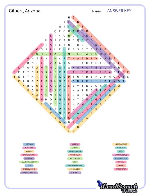 Gilbert, Arizona Word Search Puzzle