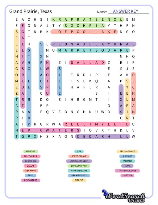 Grand Prairie, Texas Word Search Puzzle