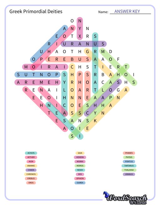 Greek Primordial Deities Word Search Puzzle