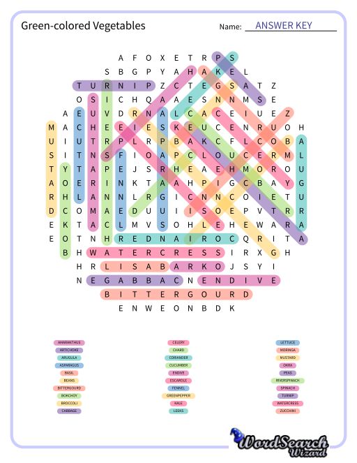 Green-colored Vegetables Word Search Puzzle