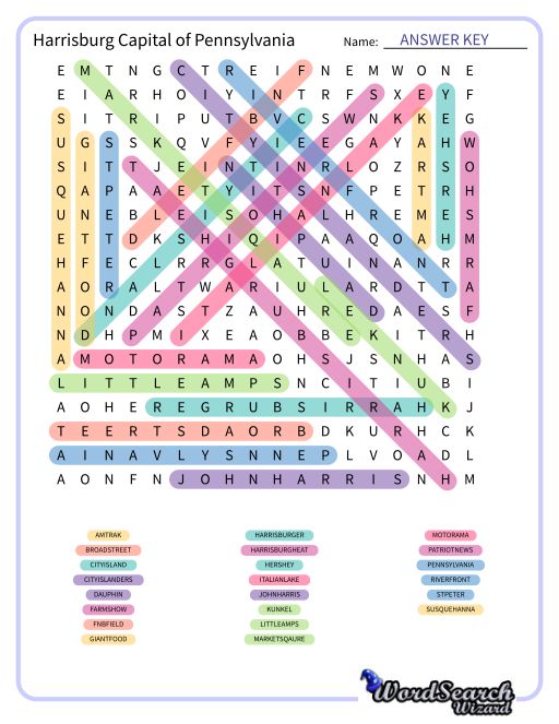 Harrisburg Capital of Pennsylvania Word Search Puzzle