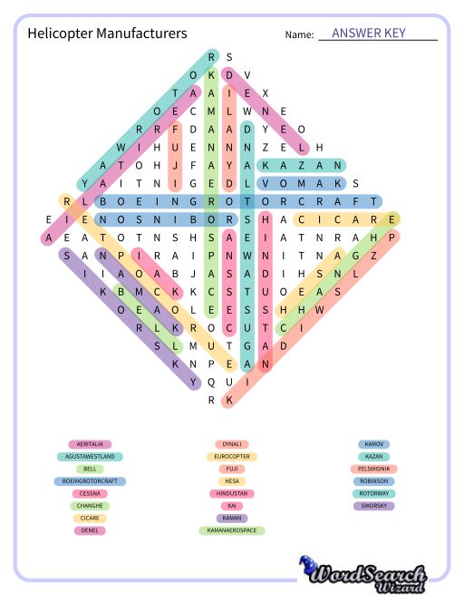 Helicopter Manufacturers Word Search Puzzle