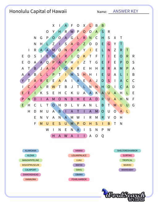 Honolulu Capital of Hawaii Word Search Puzzle