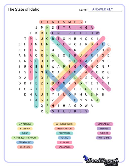 The State of Idaho Word Search Puzzle