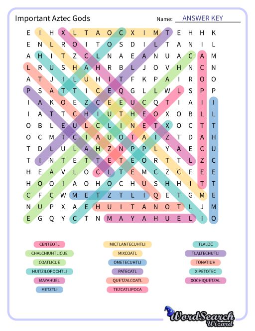 Important Aztec Gods Word Search Puzzle