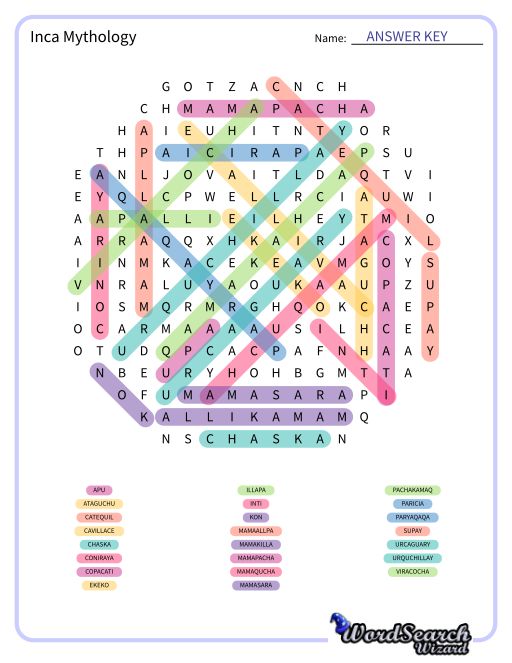 Inca Mythology Word Search Puzzle