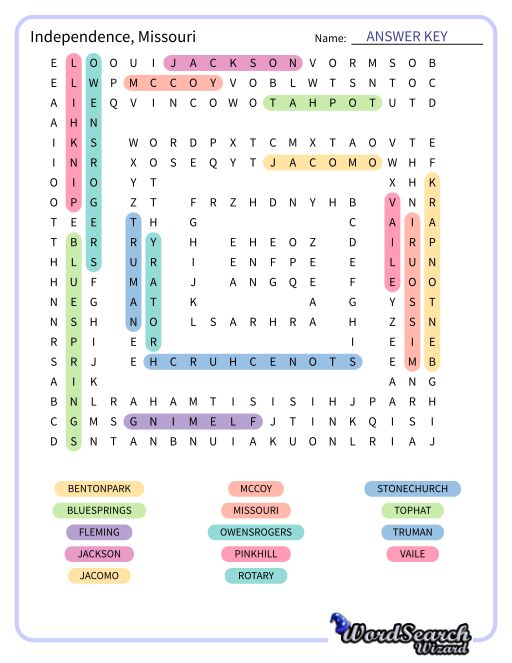 Independence, Missouri Word Search Puzzle