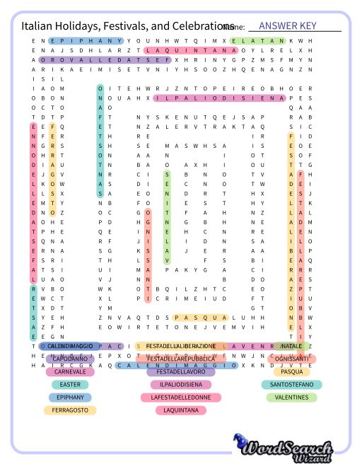 Italian Holidays, Festivals, and Celebrations Word Search Puzzle