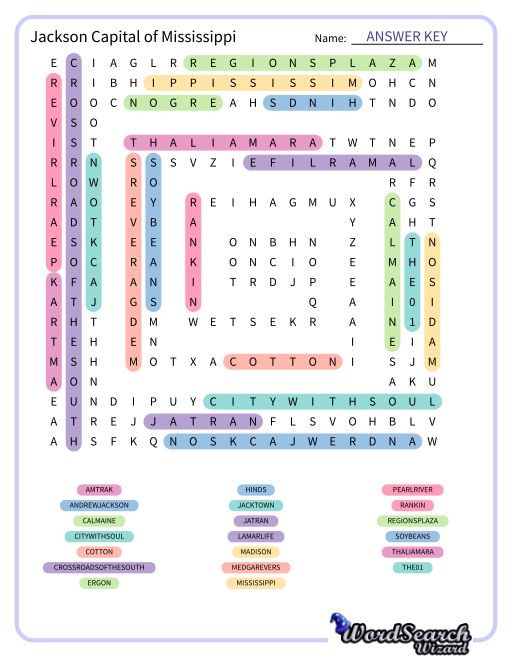 Jackson Capital of Mississippi Word Search Puzzle