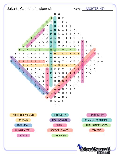 Jakarta Capital of Indonesia Word Search Puzzle