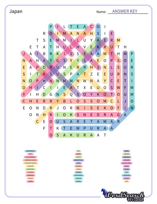 Japan Word Search Puzzle