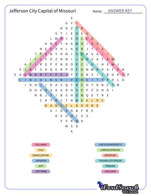 Jefferson City Capital of Missouri Word Search Puzzle