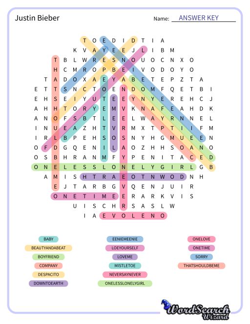 Justin Bieber Word Search Puzzle