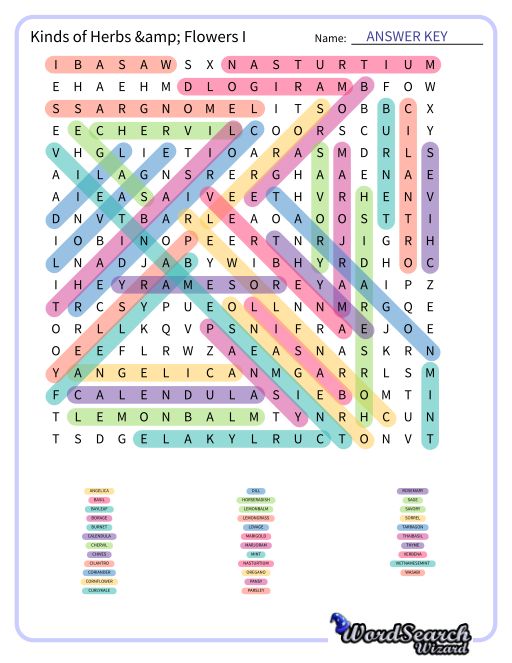 Kinds of Herbs &amp; Flowers I Word Search Puzzle