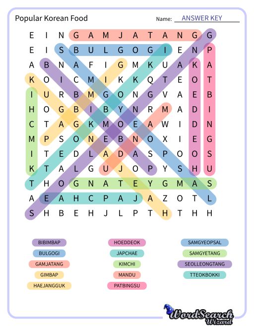 Popular Korean Food Word Search Puzzle