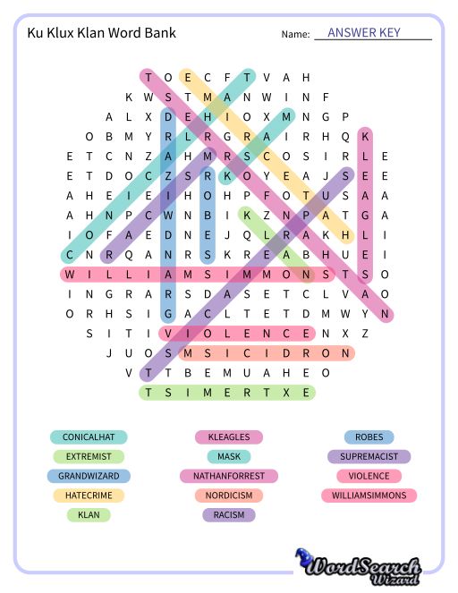 Ku Klux Klan Word Bank Word Search Puzzle