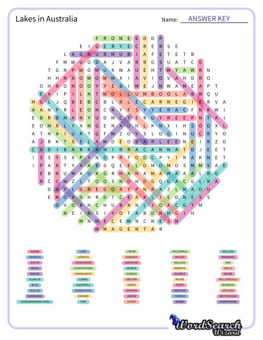 Lakes in Australia Word Search Puzzle