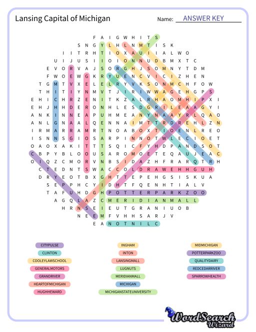 Lansing Capital of Michigan Word Search Puzzle