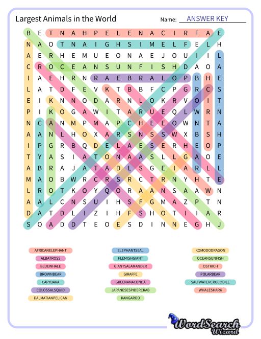 Largest Animals in the World Word Search Puzzle