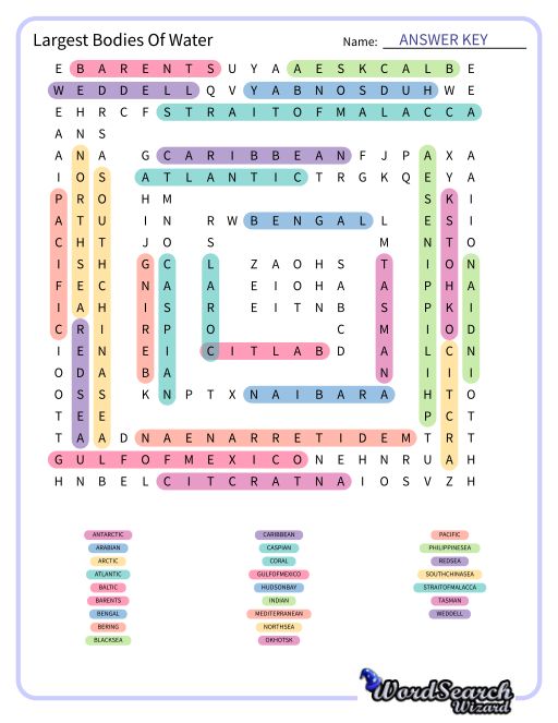 Largest Bodies Of Water Word Search Puzzle