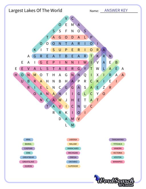 Largest Lakes Of The World Word Search Puzzle