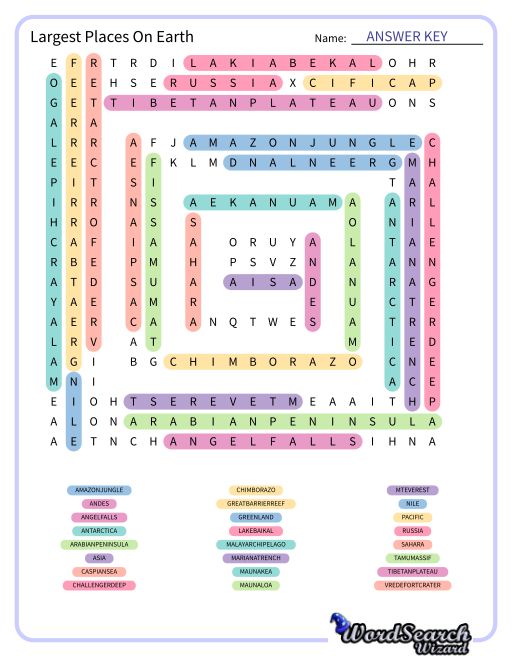 Largest Places On Earth Word Search Puzzle