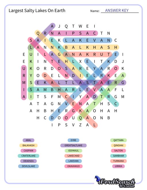 Largest Salty Lakes On Earth Word Search Puzzle