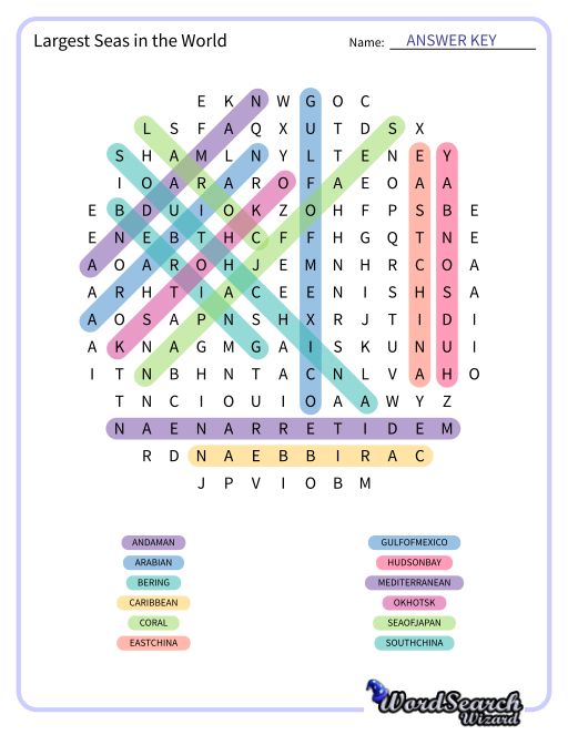 Largest Seas in the World Word Search Puzzle