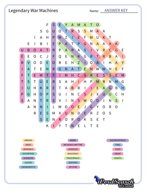 Legendary War Machines Word Search Puzzle