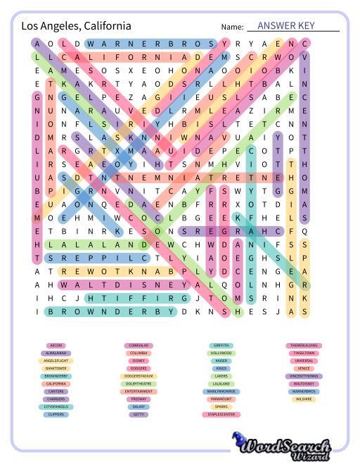 Los Angeles, California Word Search Puzzle