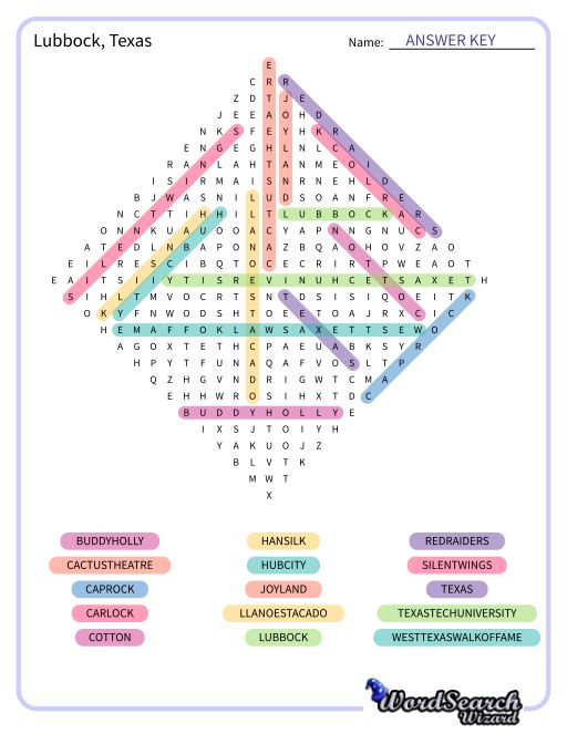 Lubbock, Texas Word Search Puzzle