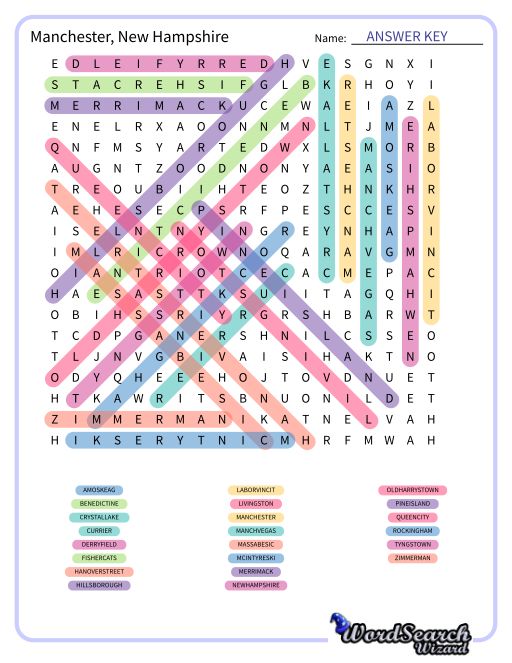 Manchester, New Hampshire Word Search Puzzle