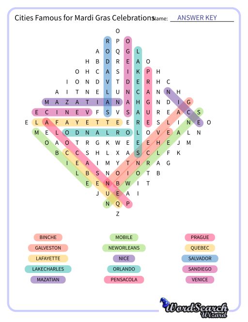 Cities Famous for Mardi Gras Celebrations Word Search Puzzle