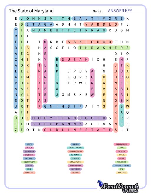 The State of Maryland Word Search Puzzle