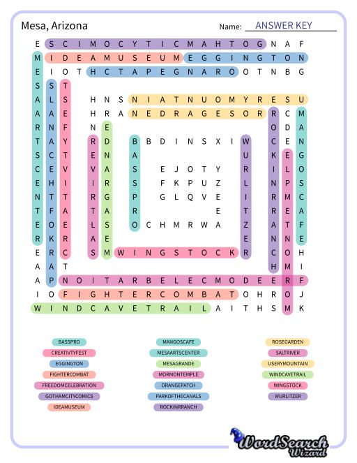 Mesa, Arizona Word Search Puzzle